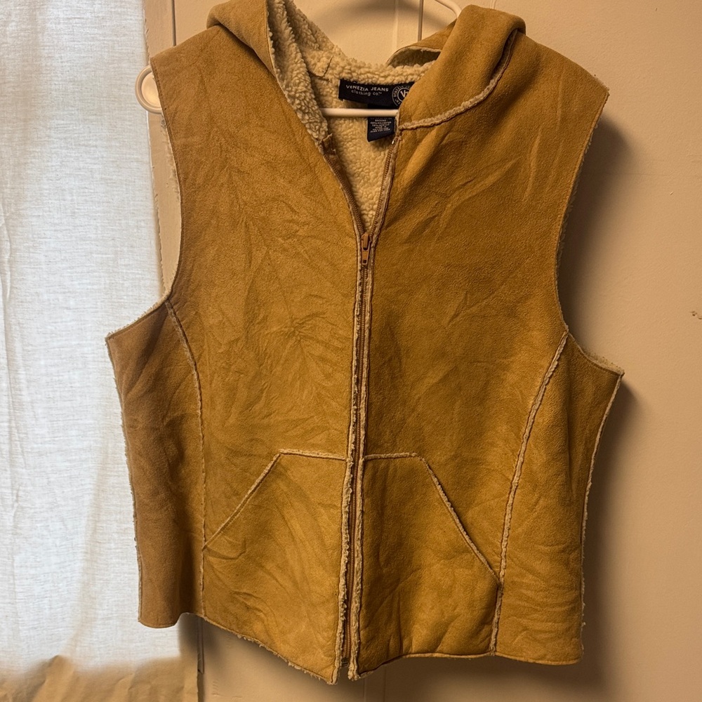 Warm Tan Hooded Vest with Sherpa Lining